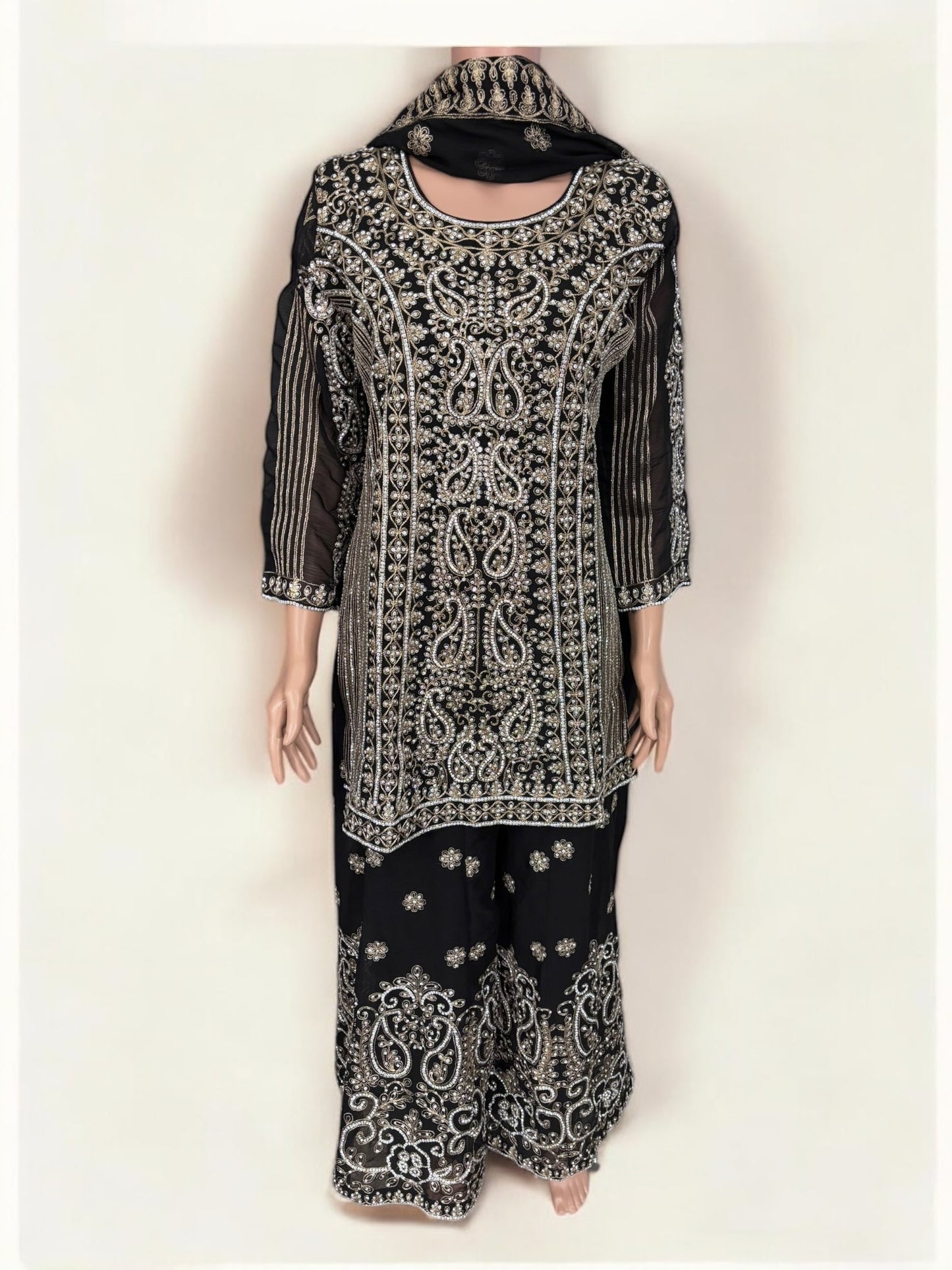 BLACK TRADITIONAL DESIGNER SHARARA SALWAR KAMEEZ SUIT - ETHNIC WEAR FOR WOMEN - 206