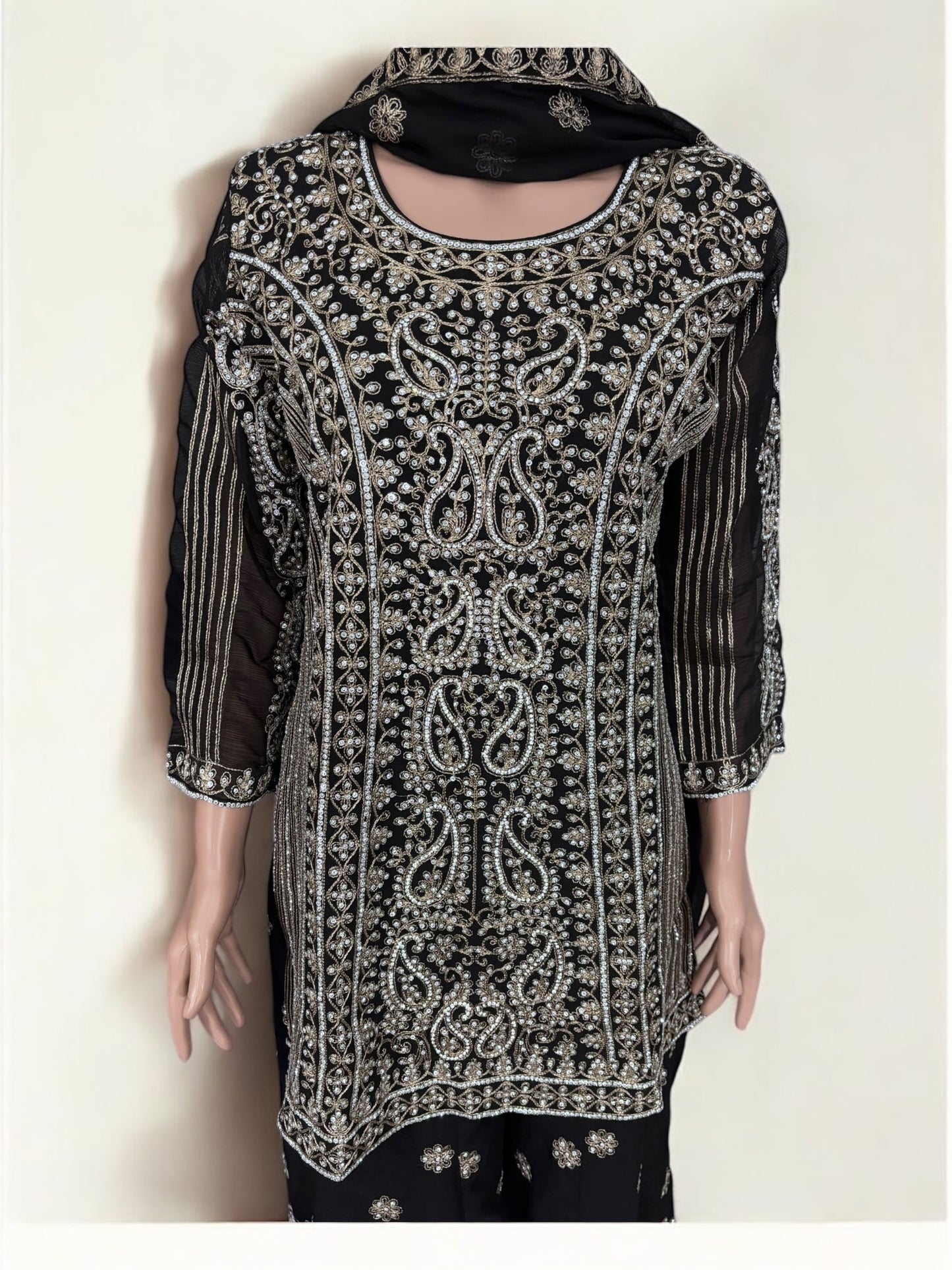BLACK TRADITIONAL DESIGNER SHARARA SALWAR KAMEEZ SUIT - ETHNIC WEAR FOR WOMEN - 206