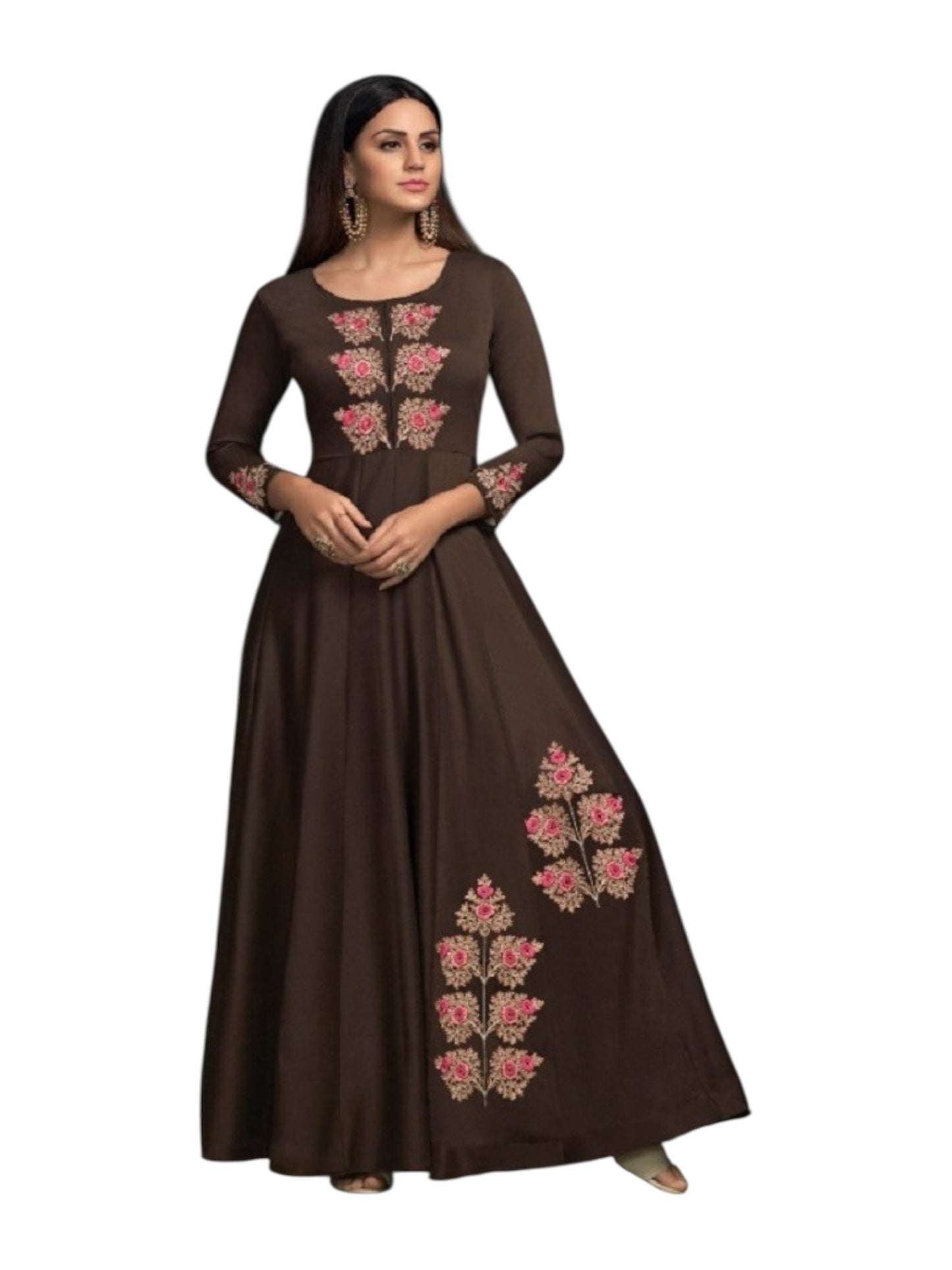 BROWN COLOR MASLEEN TRADITIONAL DESIGNER GOWN - ETHNIC WEAR FOR WOMEN - 308
