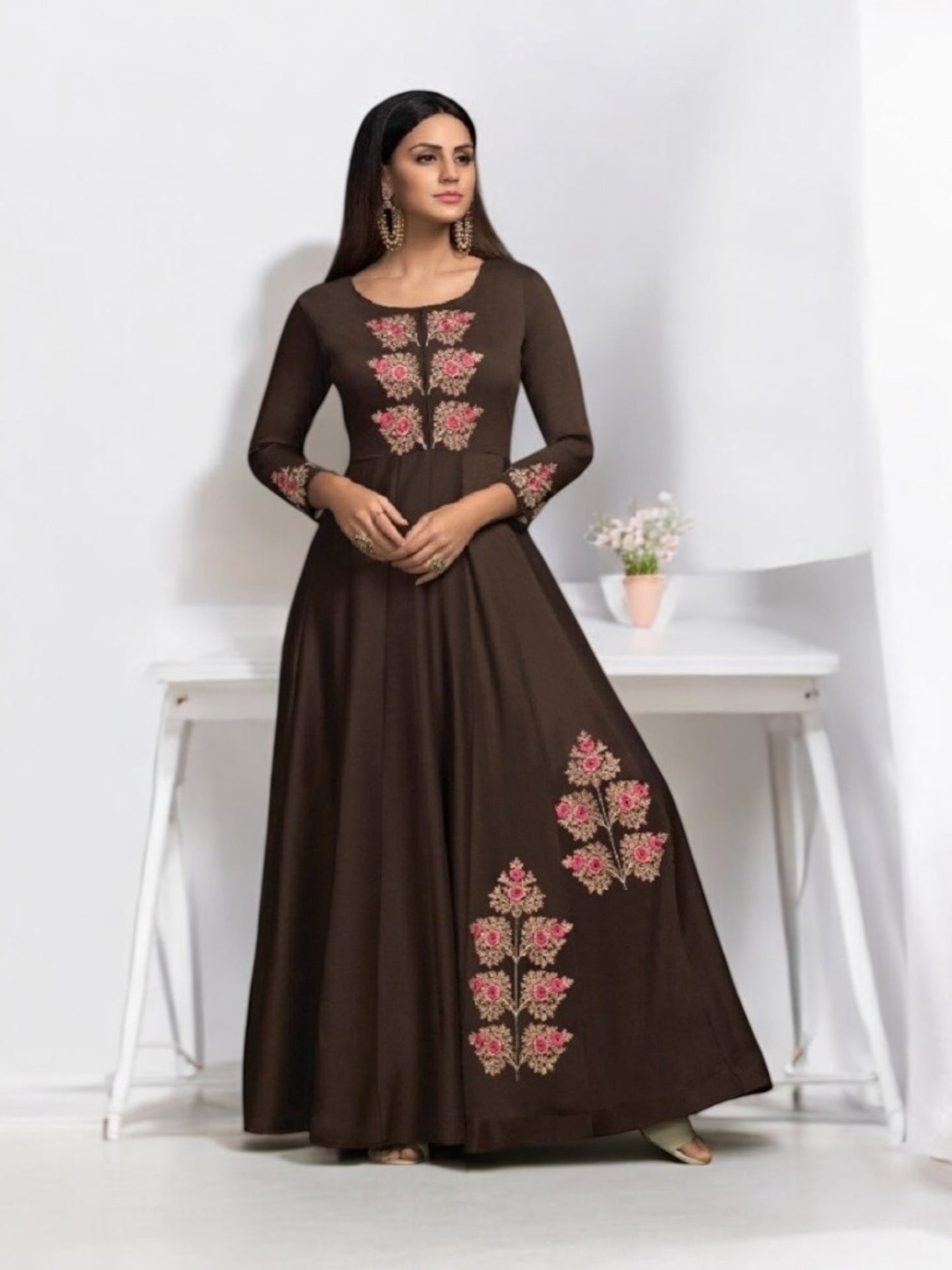 BROWN COLOR MASLEEN TRADITIONAL DESIGNER GOWN - ETHNIC WEAR FOR WOMEN - 308