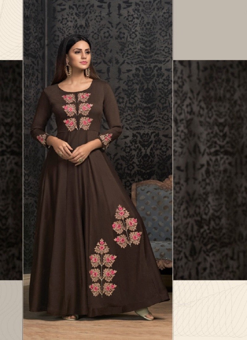 BROWN COLOR MASLEEN TRADITIONAL DESIGNER GOWN - ETHNIC WEAR FOR WOMEN - 308