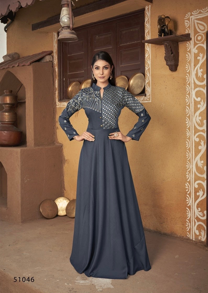 GRAY COLOR MASLIN EMBROIDERY TRADITIONAL DESIGNER GOWN - ETHNIC WEAR FOR WOMEN - 313