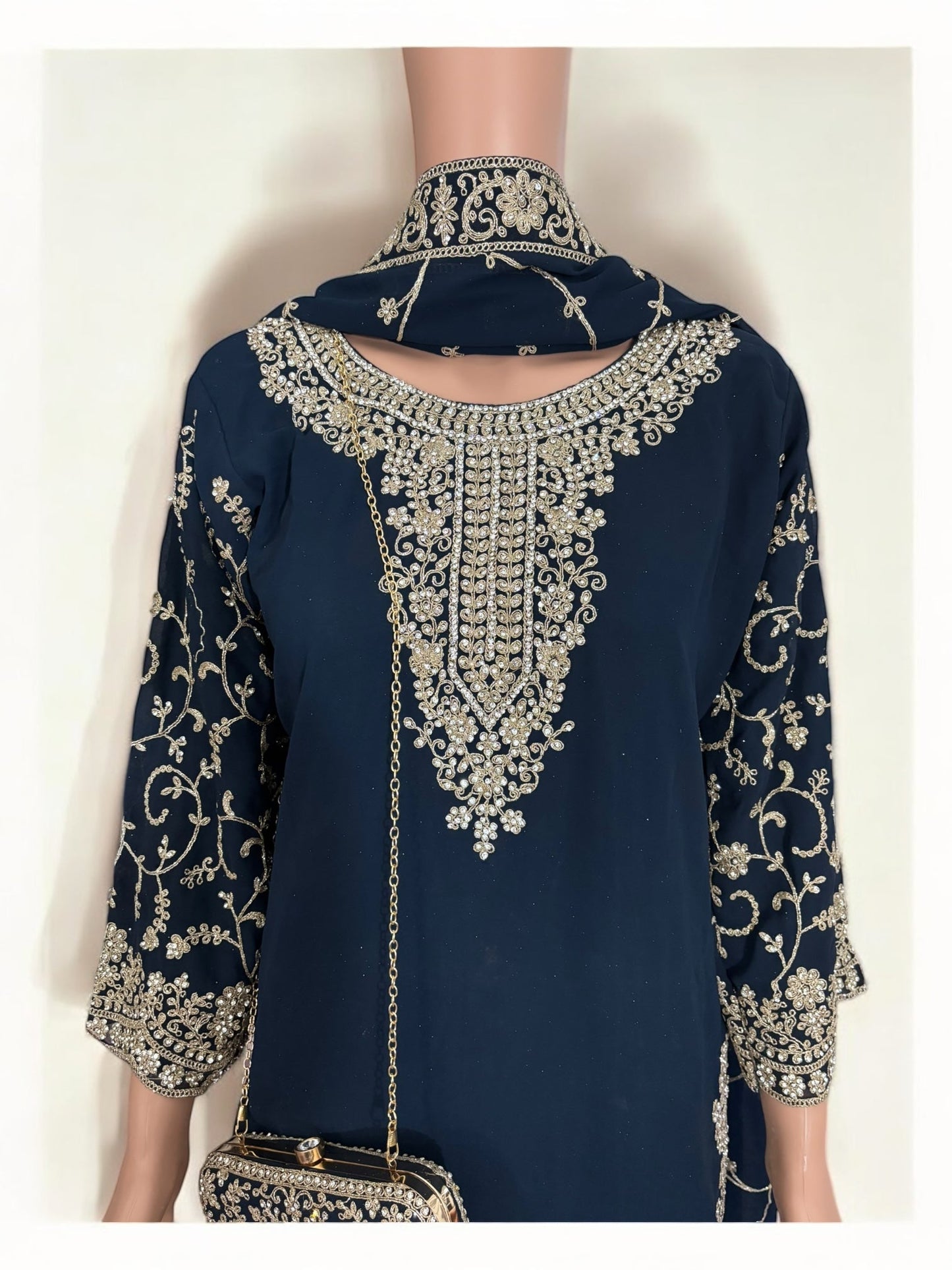 NAVY BLUE- TRADITIONAL DESIGNER SALWAR KAMEEZ SUIT WITH HANDBAG- ETHNIC WEAR FOR WOMEN - 228