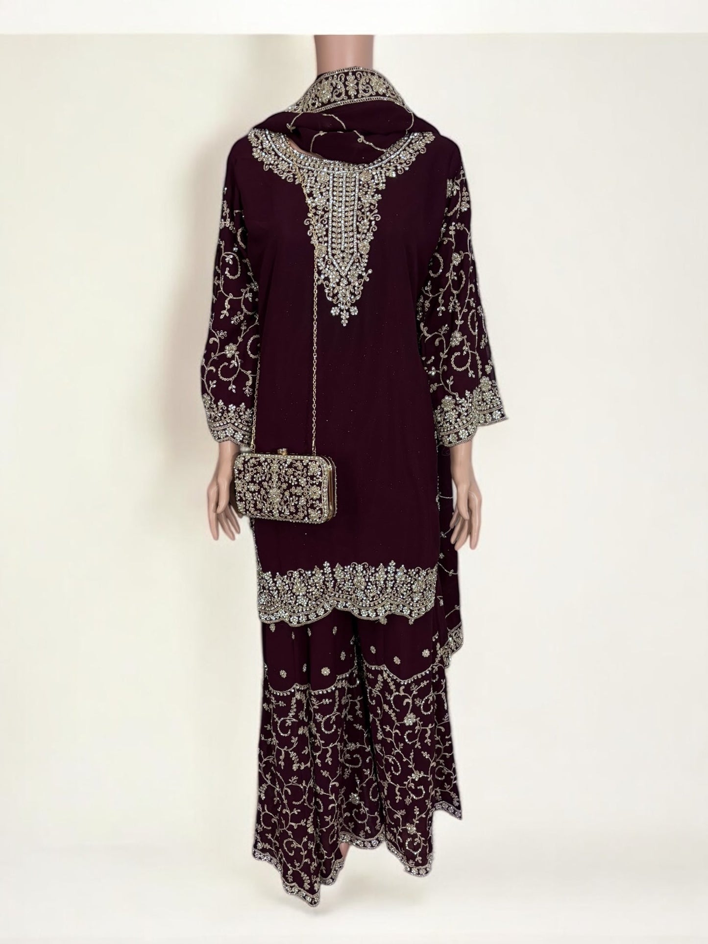 PURPLE- TRADITIONAL DESIGNER SALWAR KAMEEZ SUIT WITH HANDBAG- ETHNIC WEAR FOR WOMEN - 227