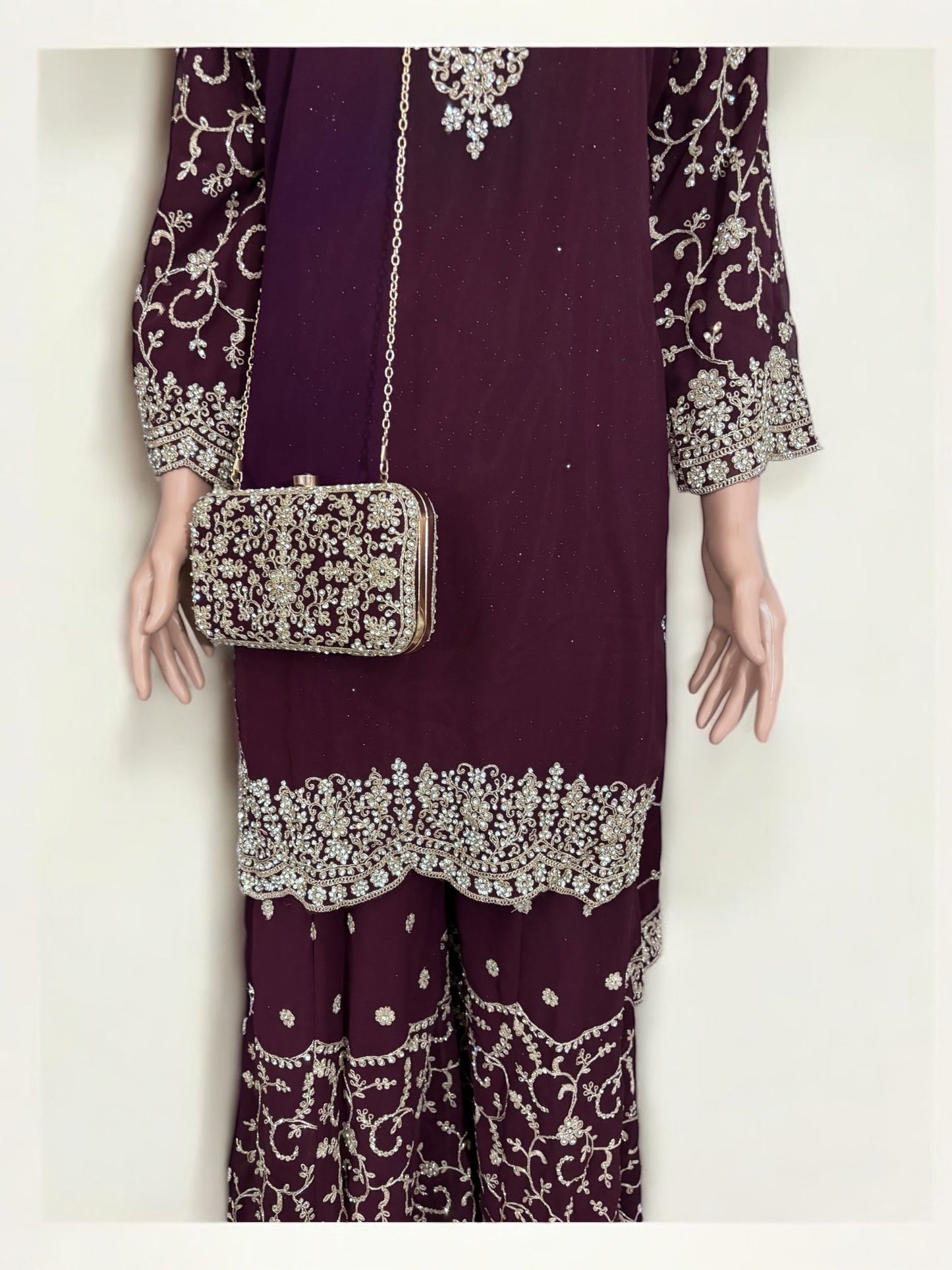 PURPLE- TRADITIONAL DESIGNER SALWAR KAMEEZ SUIT WITH HANDBAG- ETHNIC WEAR FOR WOMEN - 227