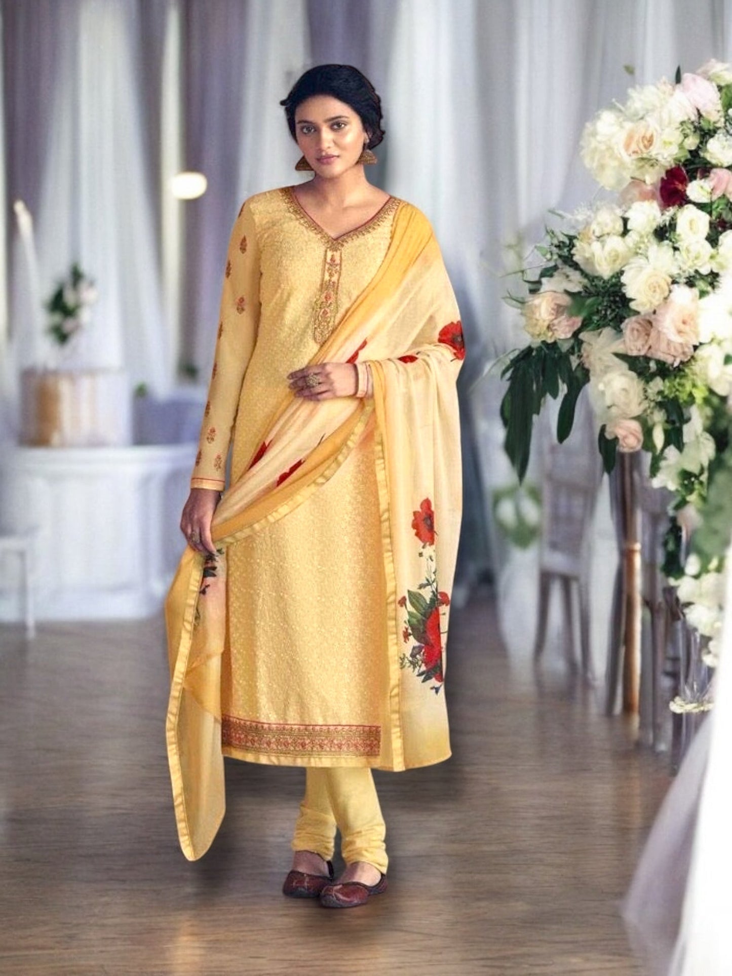 EXQUISITE CREAM PATOLA FAUX GEORGETTE EMBROIDERED SALWAR KAMEEZ WITH STONE WORK-B