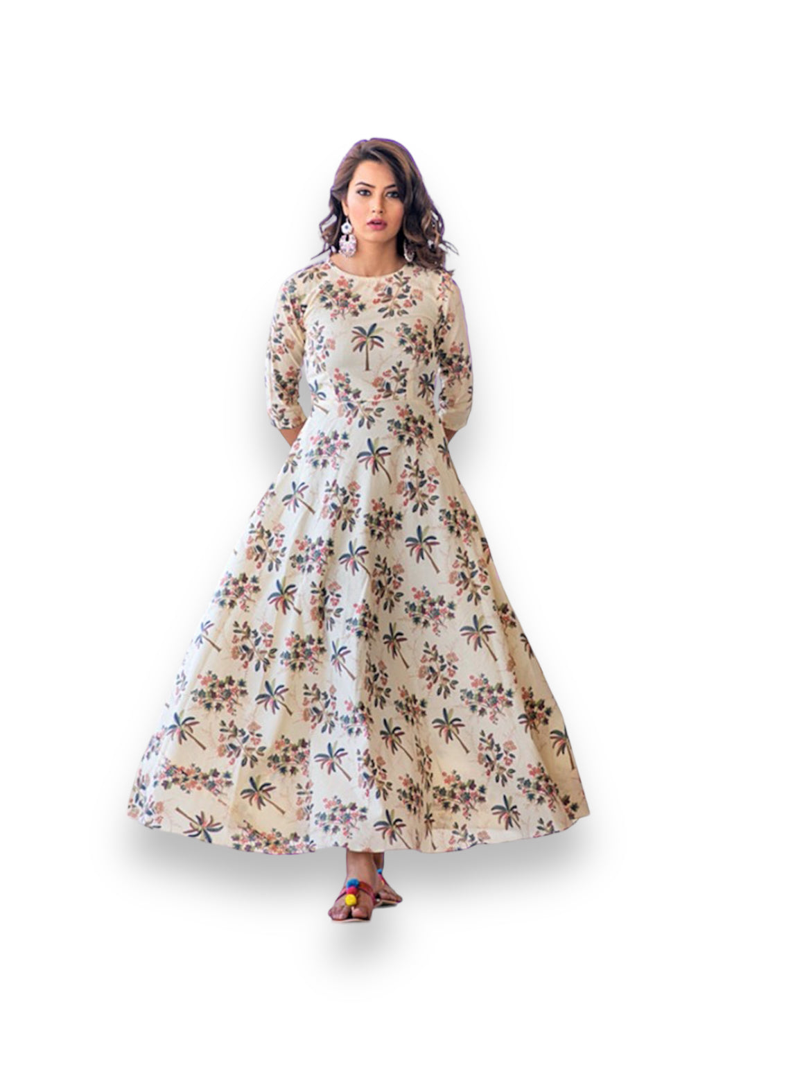 CREAM: MUSLIN PRINTED WORK TRADITIONAL GOWN-ETHNIC WEAR FOR WOMEN-02