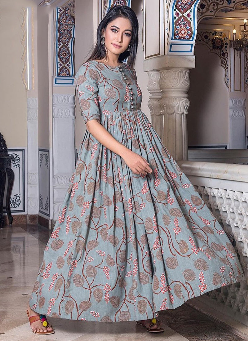 GREY: MUSLIN PRINTED WORK TRADITIONAL GOWN-ETHNIC WEAR FOR WOMEN-01