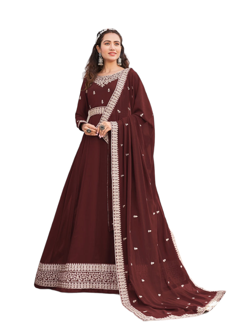 TRADITIONAL BROWN COLOR FAUX GEORGETTE GOWN WITH HEAVY WORK-ETHNIC WEAR FOR WOMEN