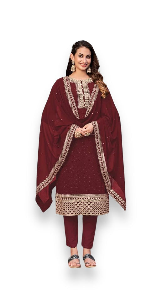 REGAL MAROON - FAUX GEORGETTE - EMBROIDERY WORK STRAIGHT SUIT-ETHNIC WEAR FOR WOMEN