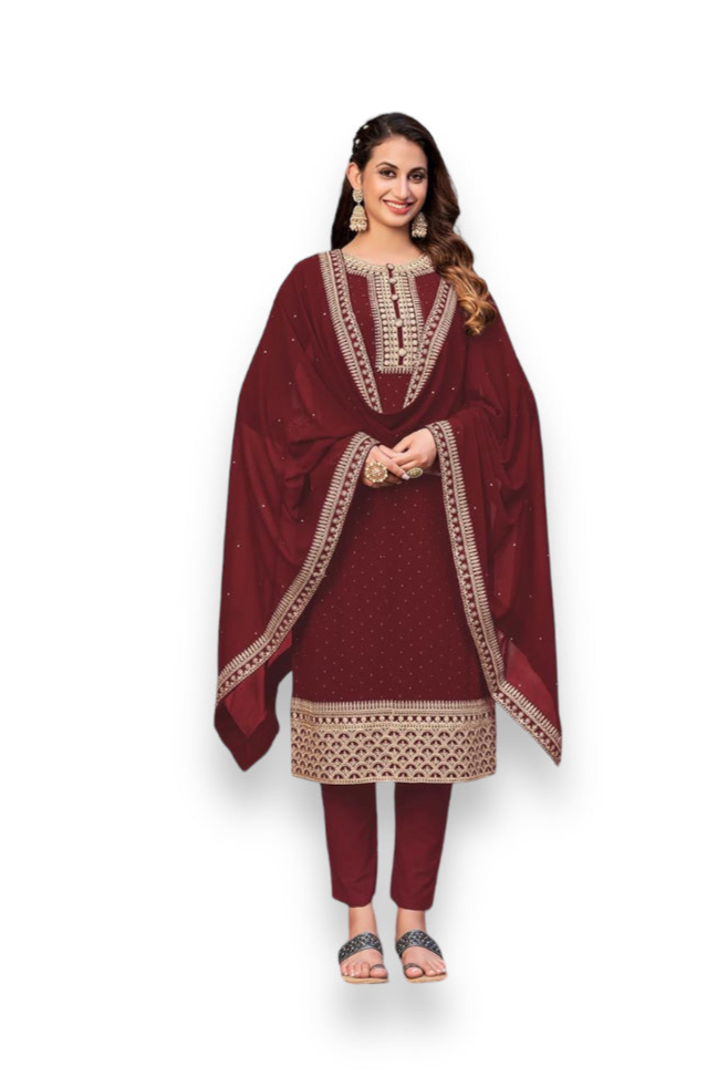 REGAL MAROON - FAUX GEORGETTE - EMBROIDERY WORK STRAIGHT SUIT-ETHNIC WEAR FOR WOMEN