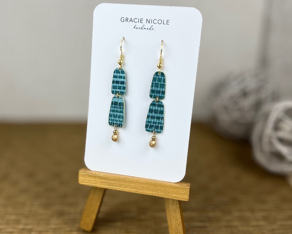 TEAL GRASSCLOTH LAYERED ARCHES EARRINGS WITH GOLD BEAD DANGLES