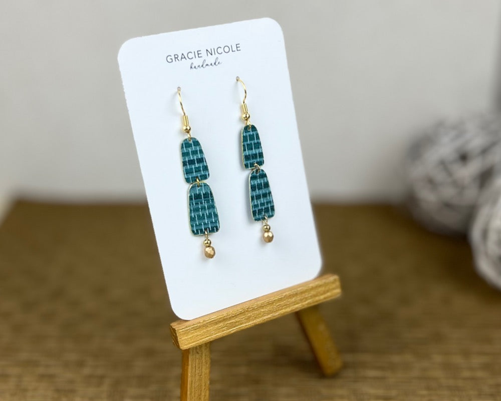 TEAL GRASSCLOTH LAYERED ARCHES EARRINGS WITH GOLD BEAD DANGLES