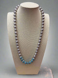 Western Faux Stamped Sterling Pearls, Saucers and Turquoise - 24 inch + 3