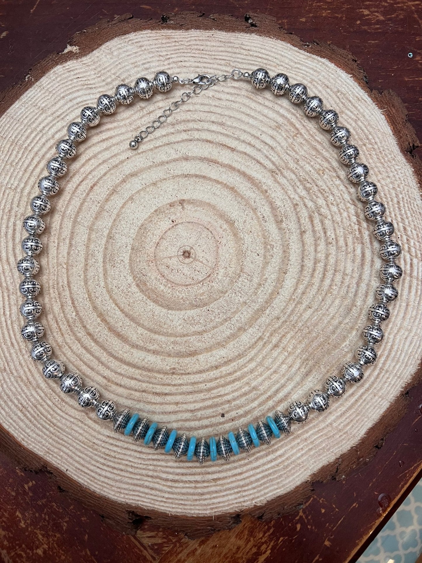 Western Faux Stamped Sterling Pearls, Saucers and Turquoise - 24 inch + 3