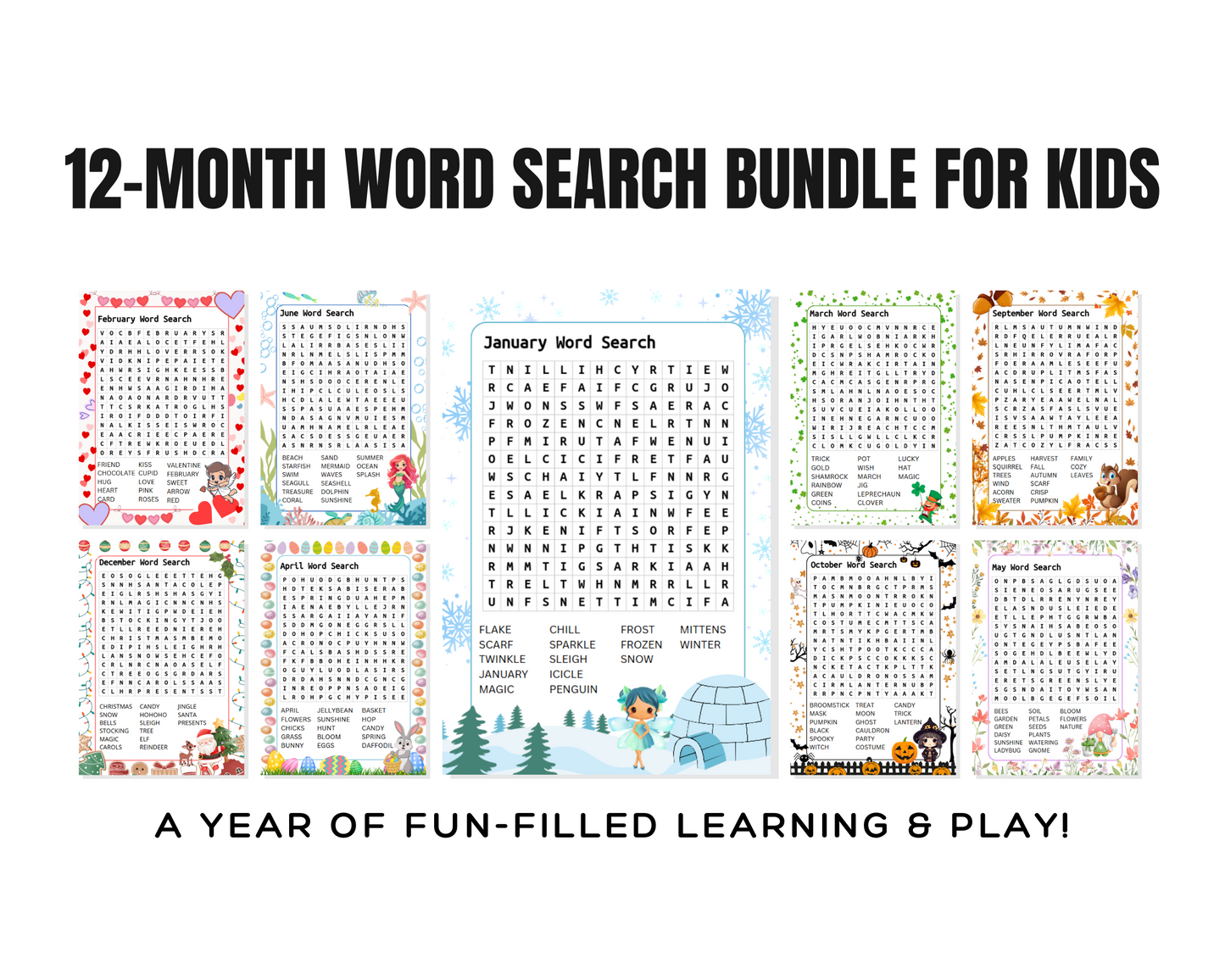 12 Month Word Search Bundle for Kids – Fun & Educational Monthly Themes