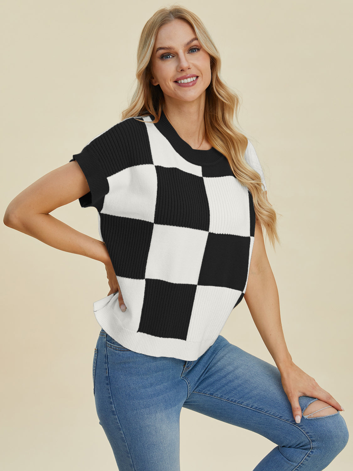 DOUBLE TAKE FULL SIZE CHECKERED ROUND NECK SHORT SLEEVE SWEATER