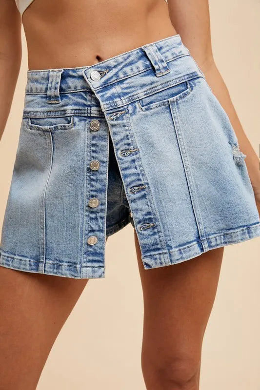 ANNIE WEAR BUTTON DETAIL STRETCH DENIM WRAP MINI SKORT