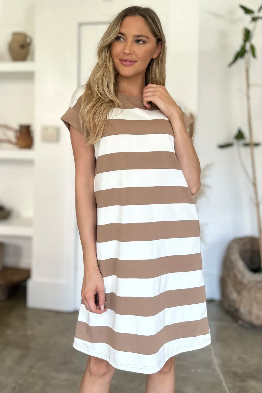 BASIC BAE FULL SIZE STRIPED ROUND NECK CAP SLEEVE MINI DRESS
