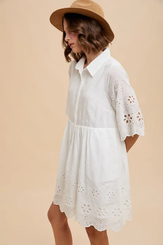 ANNIE WEAR EMBROIDERED SCALLOP EDGE DETAIL MINI SHIRT DRESS