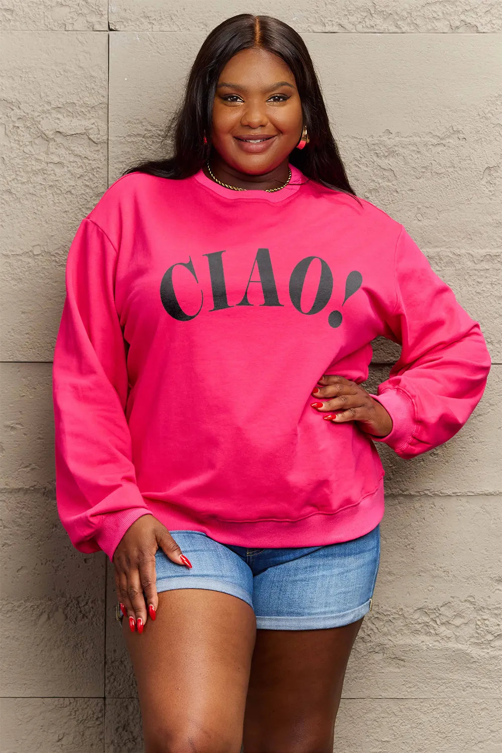 SIMPLY LOVE FULL SIZE CIAO！ROUND NECK SWEATSHIRT