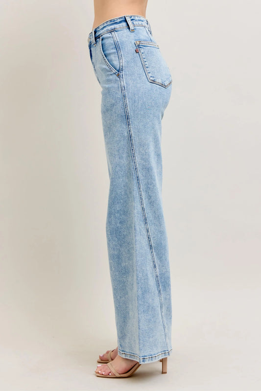 JUDY BLUE FULL SIZE HIGH WAIST WIDE LEG JEANS WITH SKEWED INSEAM PLUS SIZE