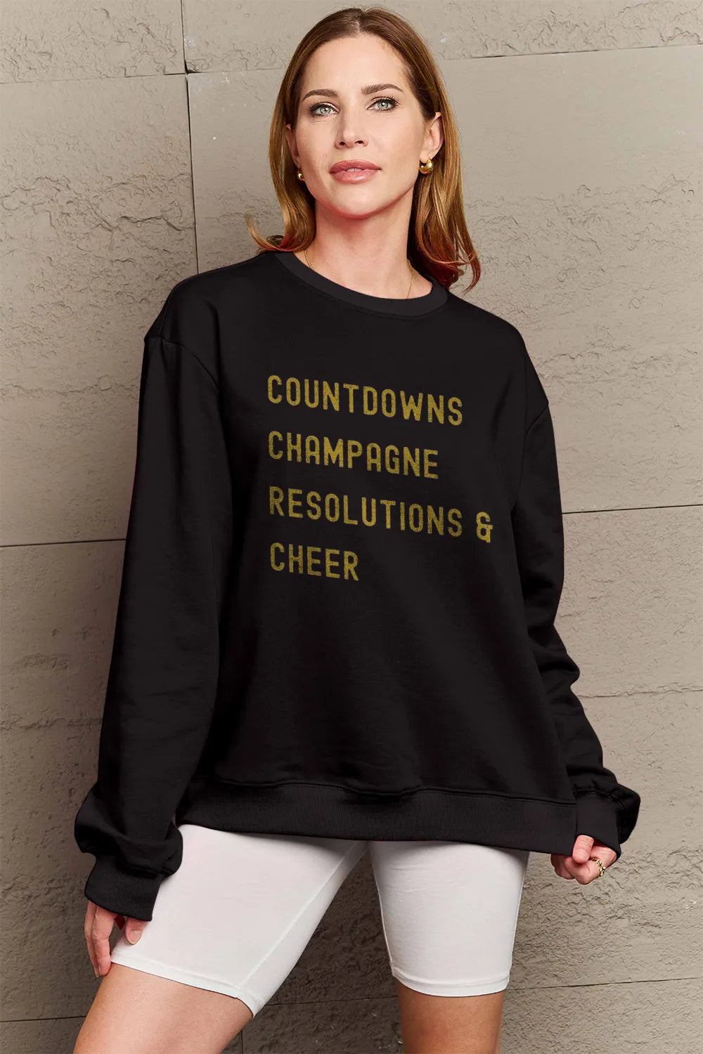 SIMPLY LOVE FULL SIZE COUNTDOWNS CHAMPAGNE RESOLUTIONS & CHEER ROUND NECK SWEATSHIRT