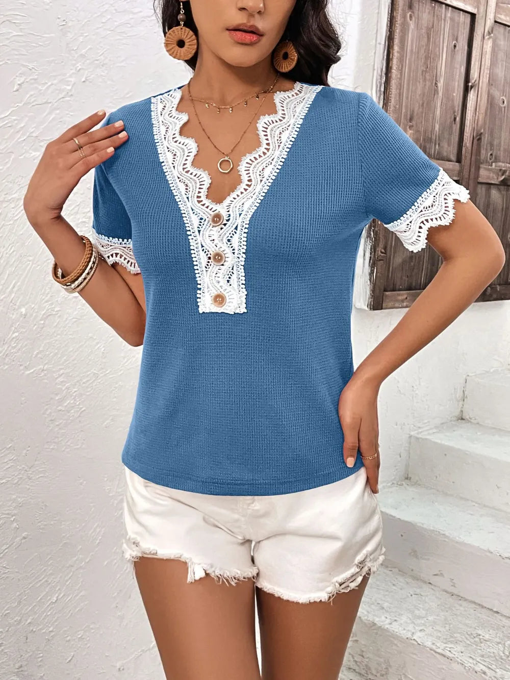 IVY LANE LACE DETAIL V-NECK SHORT SLEEVE T-SHIRT