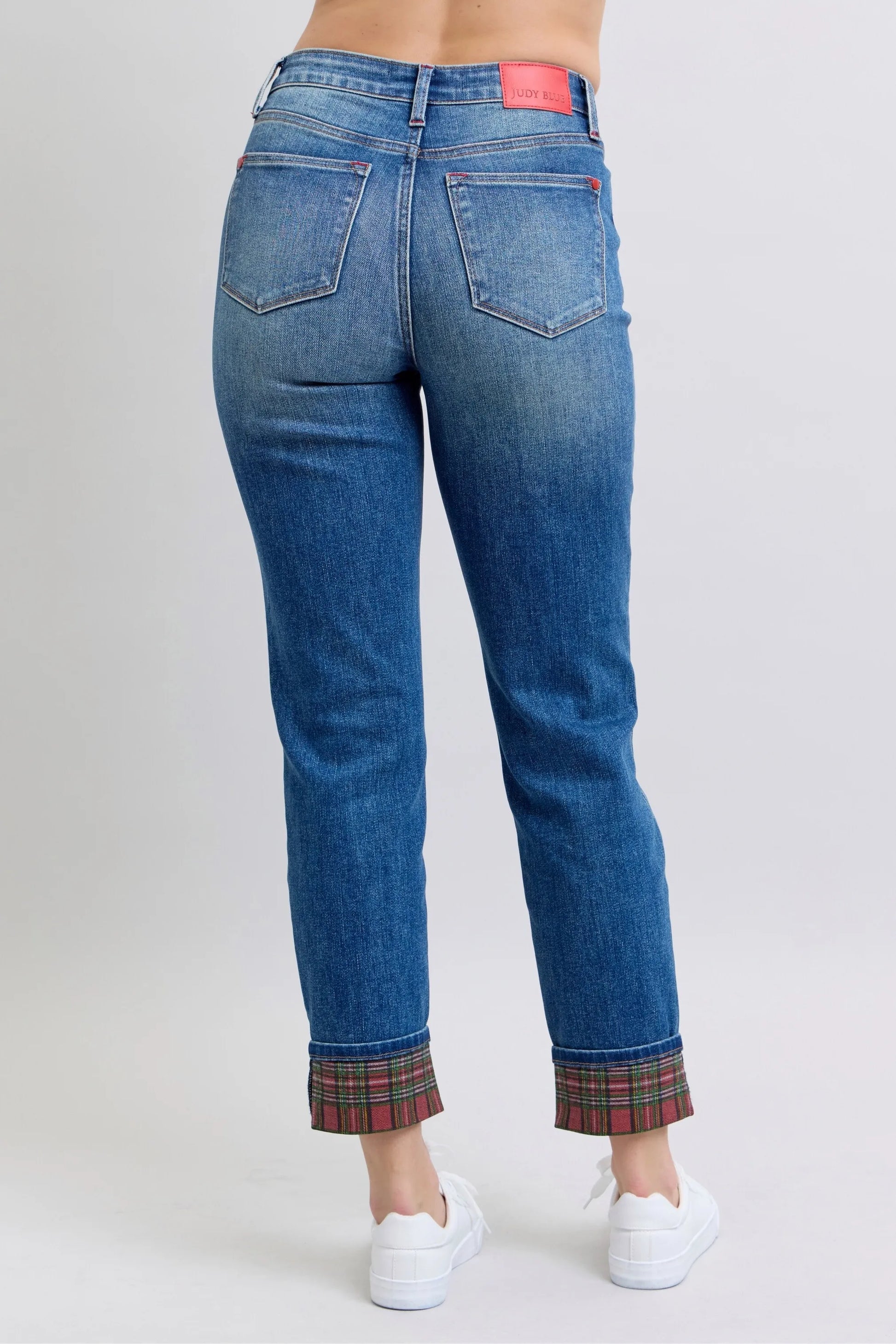 JUDY BLUE FULL SIZE MR PLAID PRINT CUFF BF JEANS PLUS SIZE