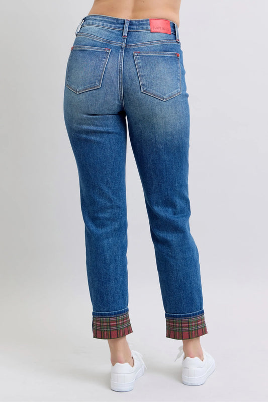 JUDY BLUE FULL SIZE MR PLAID PRINT CUFF BF JEANS PLUS SIZE