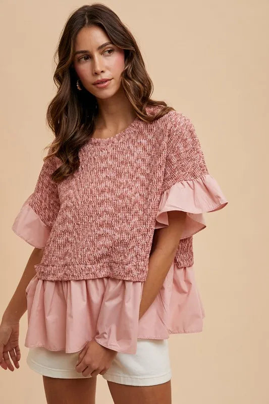 ANNIE WEAR MIX MEDIA RUFFLE TEXTURED KNIT TOP