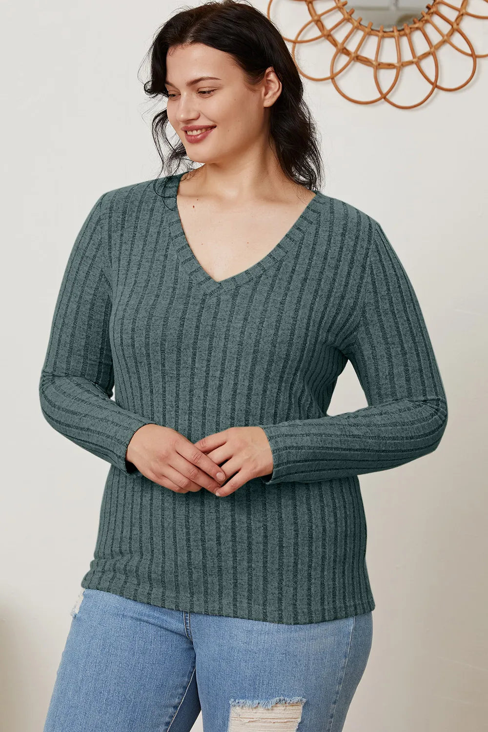 BASIC BAE FULL SIZE RIBBED V-NECK LONG SLEEVE T-SHIRT