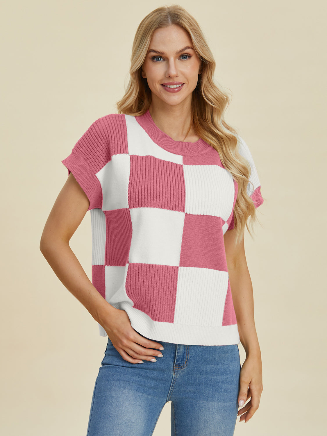 DOUBLE TAKE FULL SIZE CHECKERED ROUND NECK SHORT SLEEVE SWEATER