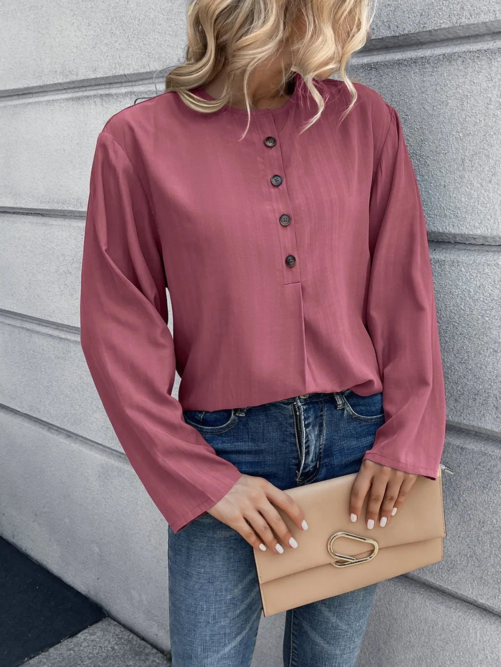IVY LANE HALF BUTTON LONG SLEEVE BLOUSE