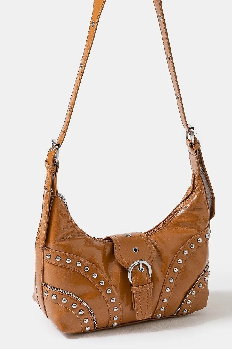 FAME FAUX LEATHER STUDDED TRIM SHOULDER BAG