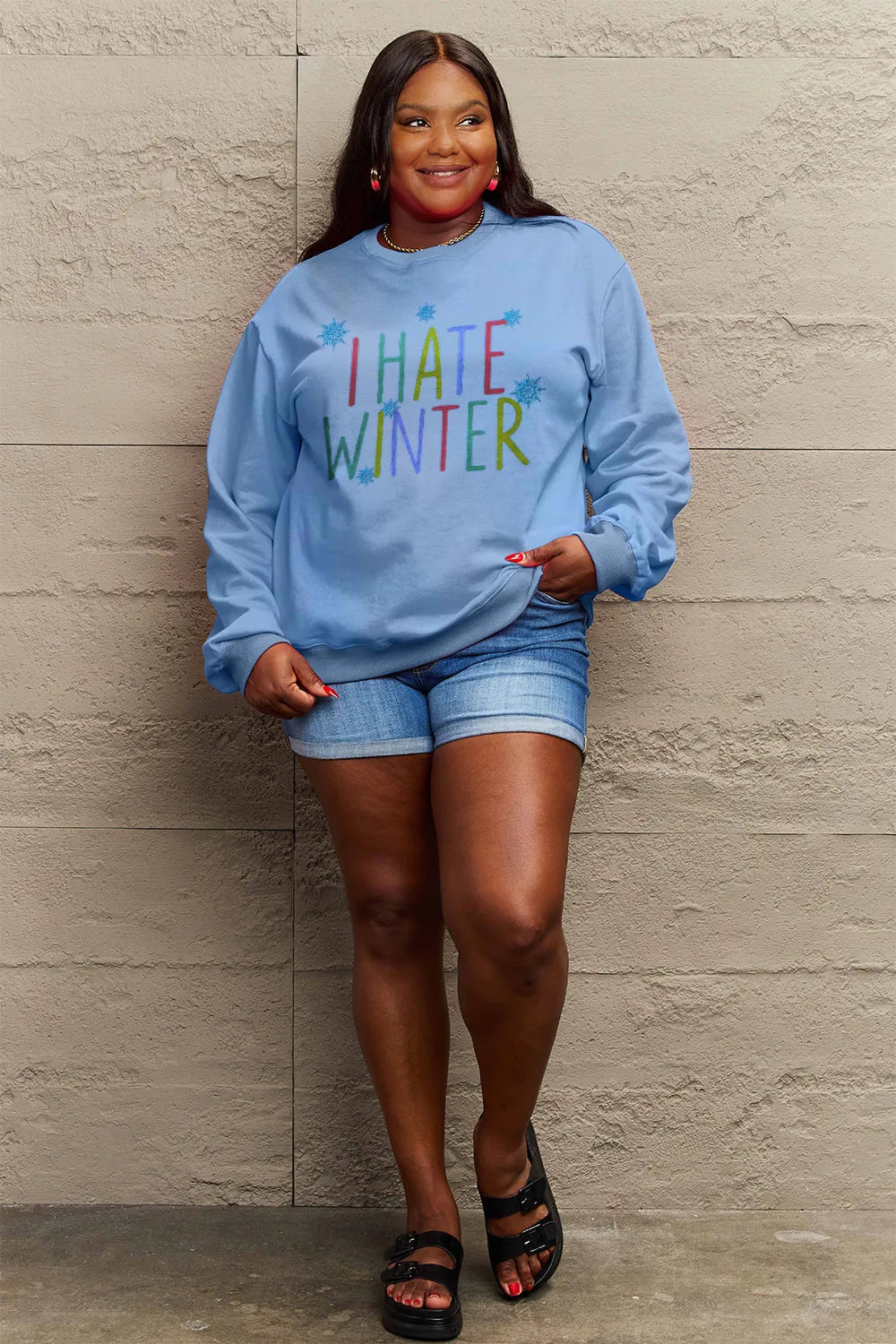 SIMPLY LOVE FULL SIZE I HATE WINTER DROPPED SHOULDER SWEATSHIRT