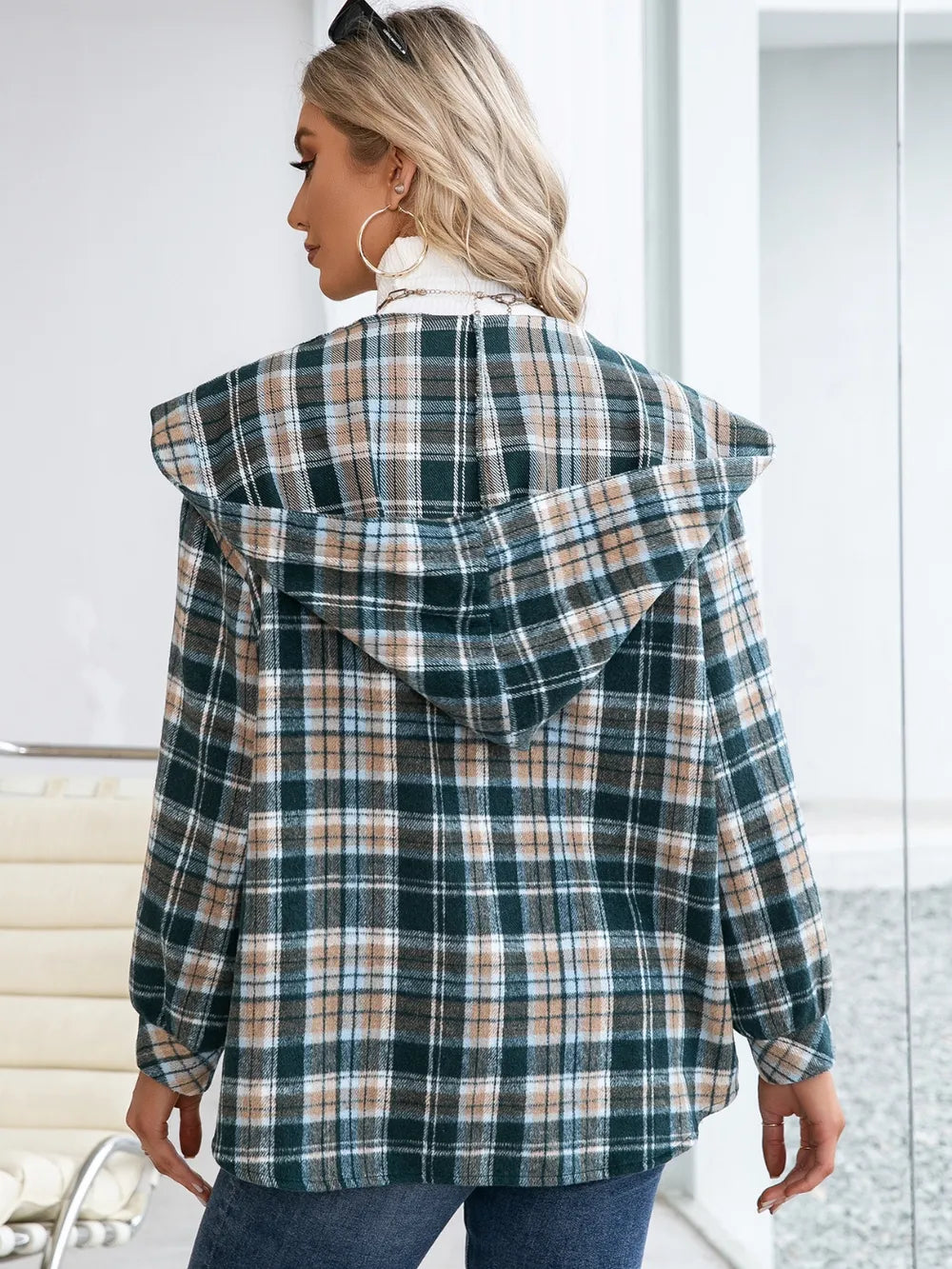 IVY LANE PLAID SNAP DOWN HOODED JACKET