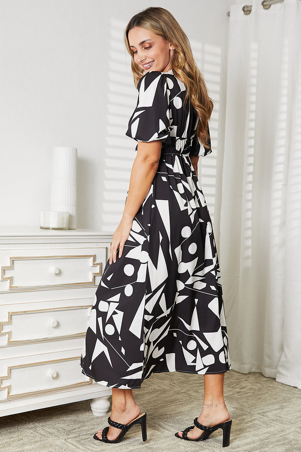 PRINTED SURPLICE BALLOON SLEEVE DRESS