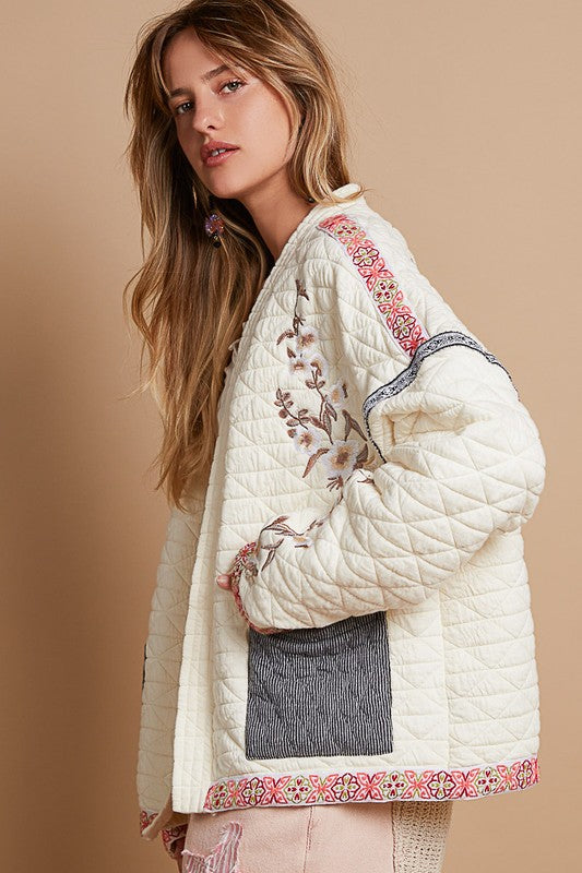 POL EMBROIDERED OPEN FRONT LONG SLEEVE JACKET