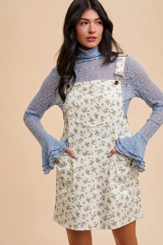 ANNIE WEAR STRETCH DITSY PRINT DENIM OVERALL MINI DRESS