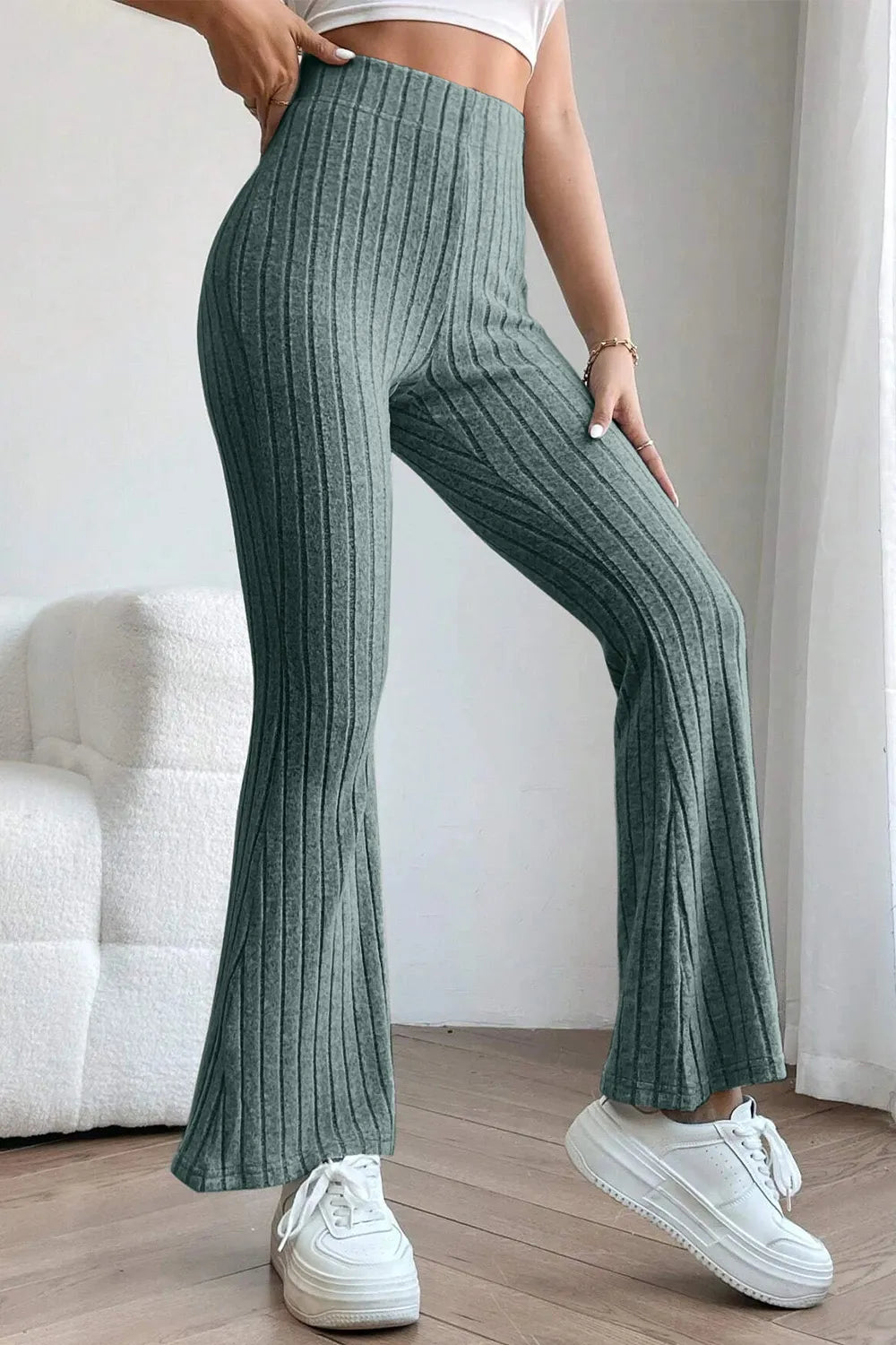 BASIC BAE FULL SIZE RIBBED HIGH WAIST FLARE PANTS