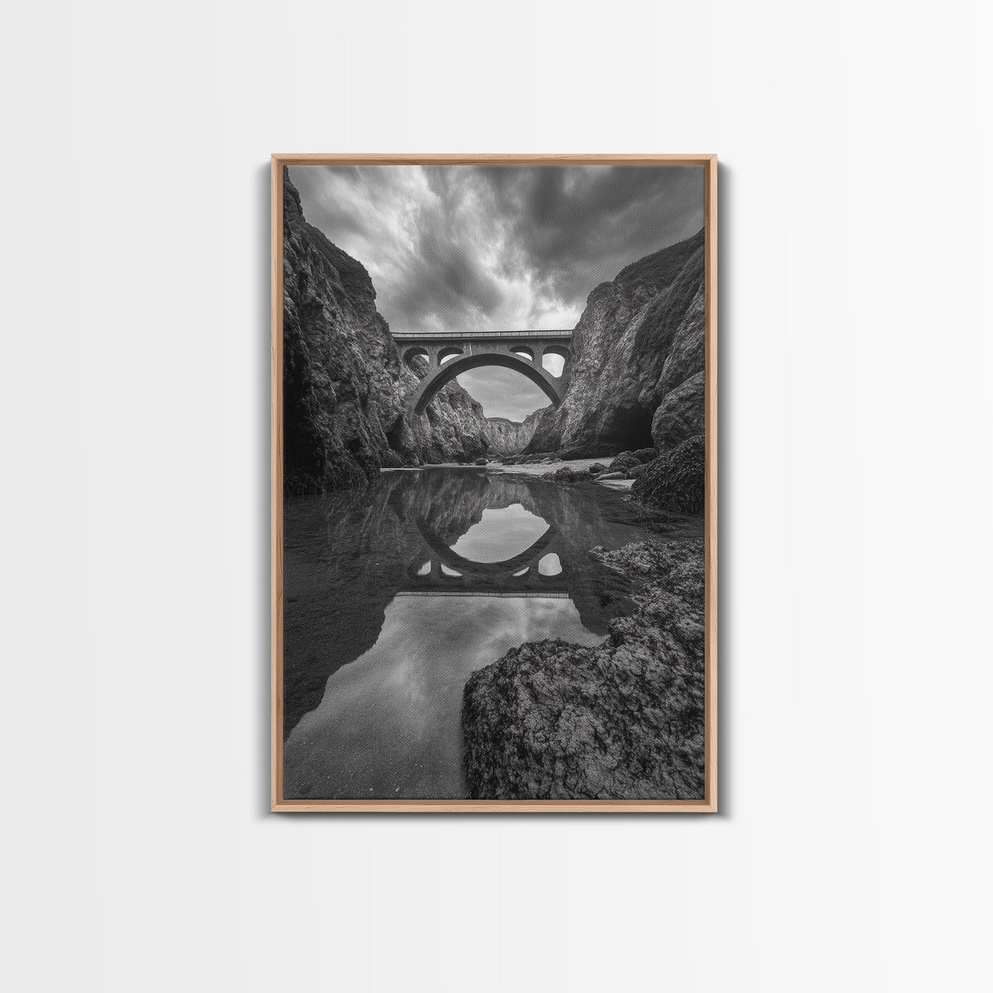 STONE BRIDGE, REFLECTIONS, RIVER ARCHWAY, NATURE DRAMA, FRAMED CANVAS PRINT, LANDSCAPE WALL ART, MONOCHROME PHOTOGRAPHY, ENTRYWAY ART