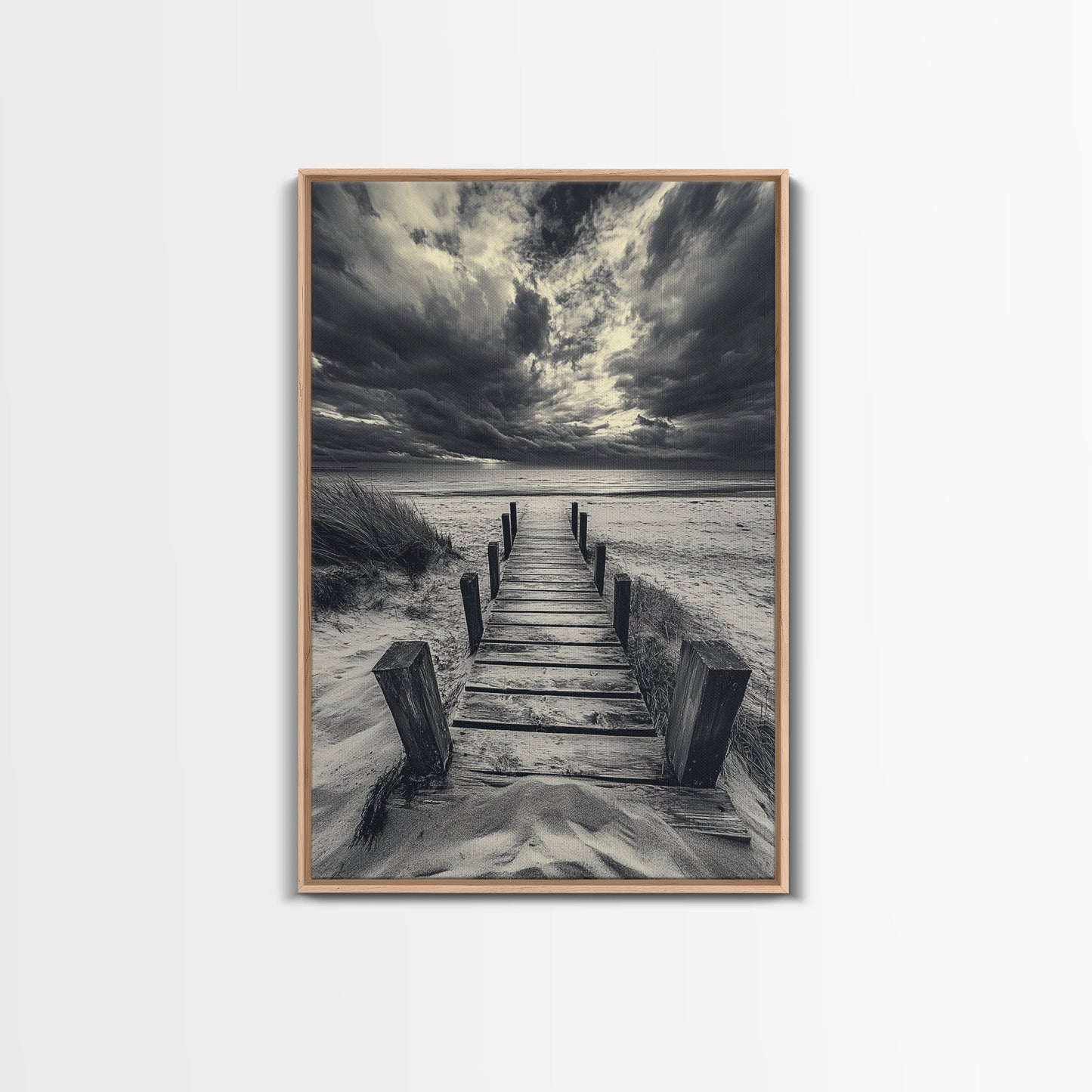 STORMY BEACH DOCK, DRAMATIC SKIES, COASTAL MOOD, FRAMED CANVAS PRINT, FALL WALL ART, ENTRYWAY DECOR, MOODY SEASCAPE, RUSTIC COASTAL HOME