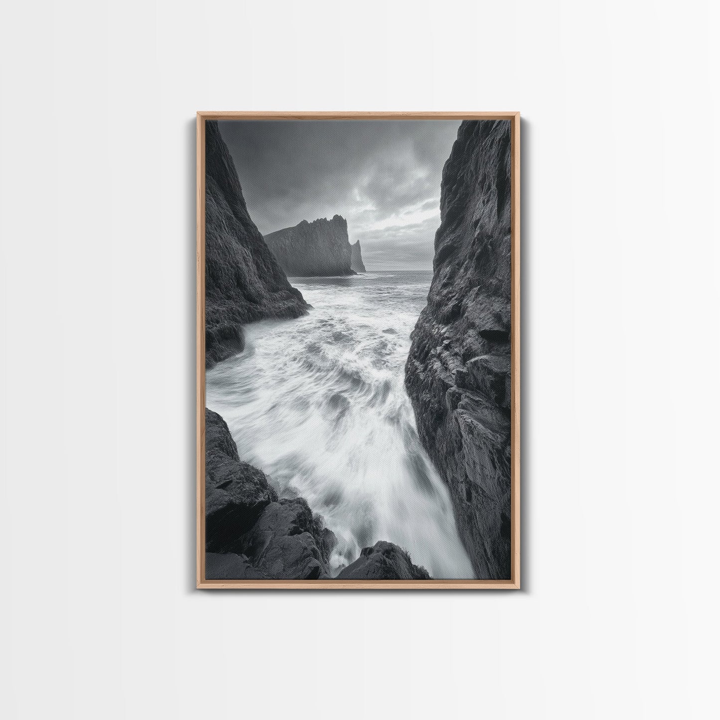 STORMY COAST, CRASHING WAVES, OCEAN DRAMA, FRAMED CANVAS PRINT, LIVING ROOM WALL ART, BOLD SEASCAPE PHOTOGRAPHY, MONOCHROME MODERN ART