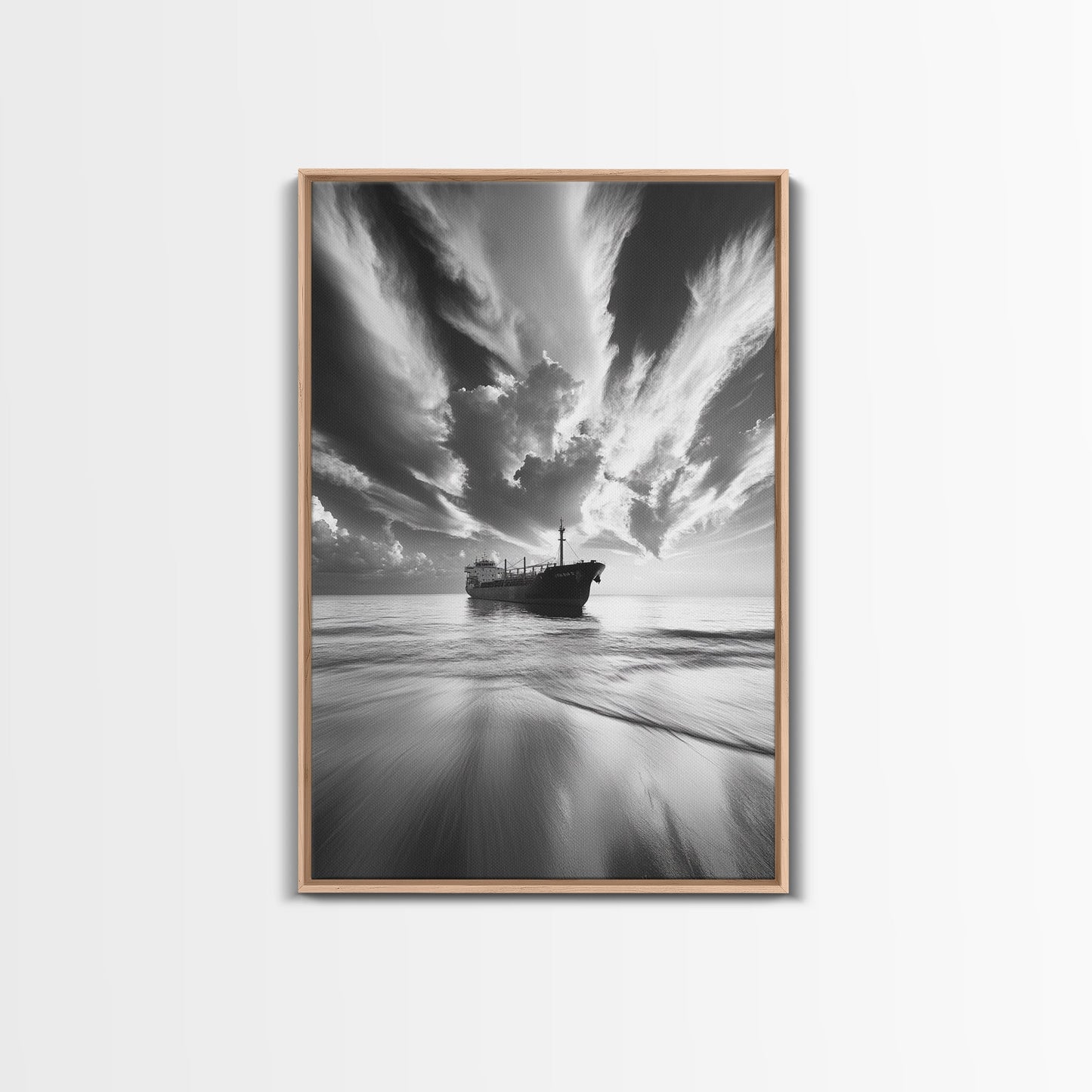 STORMY SKY SHIP, DRAMATIC SEASCAPE, BLACK WHITE PHOTOGRAPHY, OCEAN NAUTICAL DECOR, FRAMED CANVAS PRINT, COASTAL WALL ART, MOODY MINIMALIST