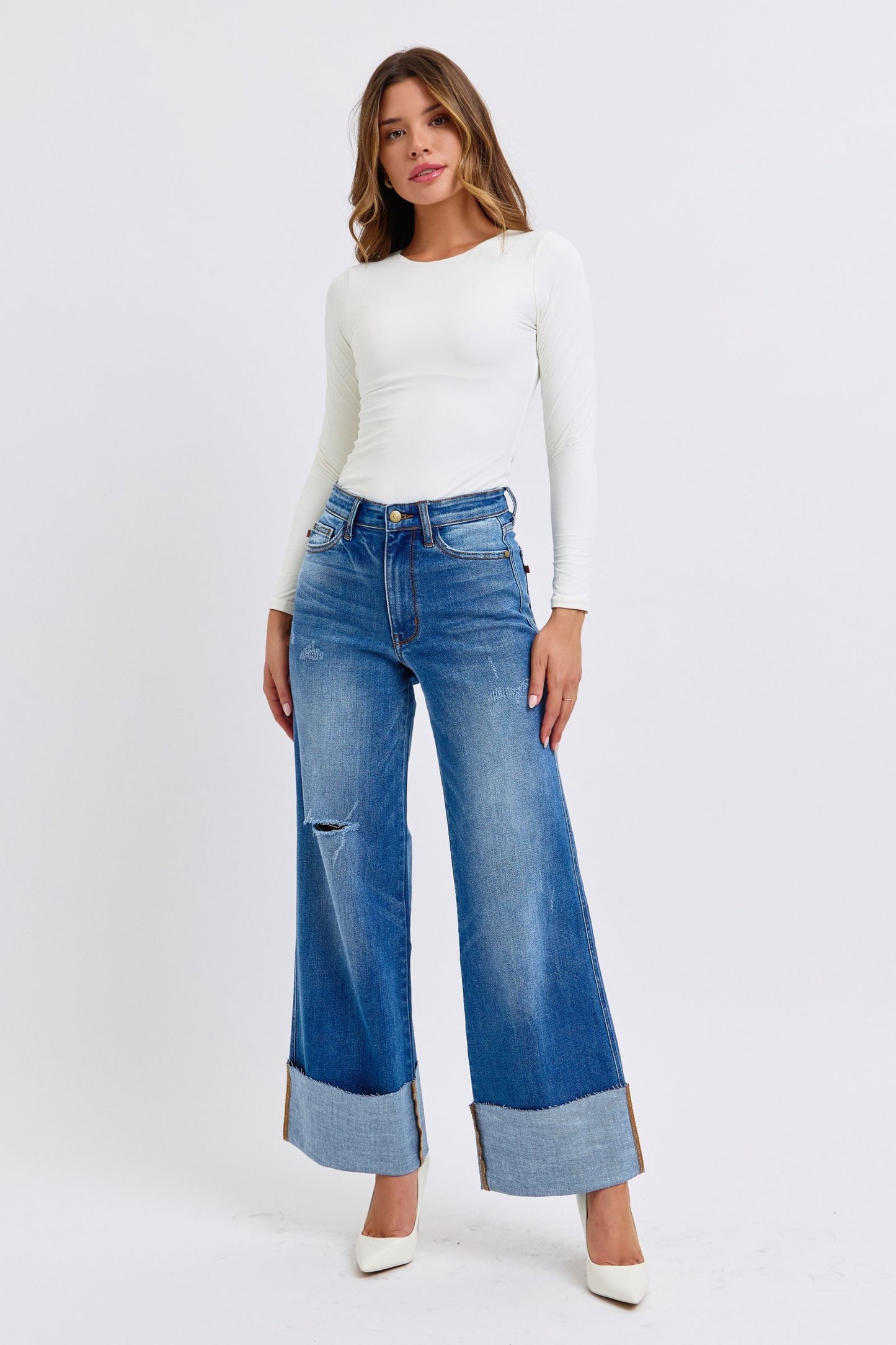 JUDY BLUE FULL SIZE DISTRESSED HIGH WAIST WIDE LEG JEANS