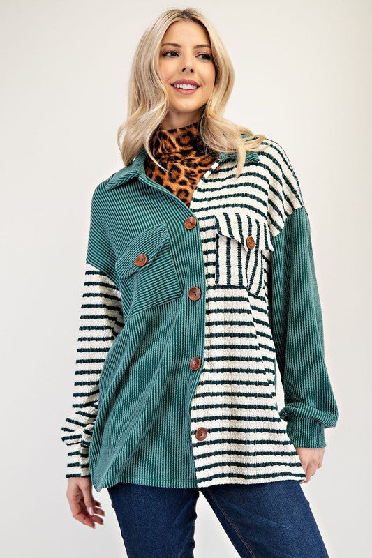 CELESTE FULL SIZE STRIPED BUTTON UP DROPPED SHOULDER SHACKET