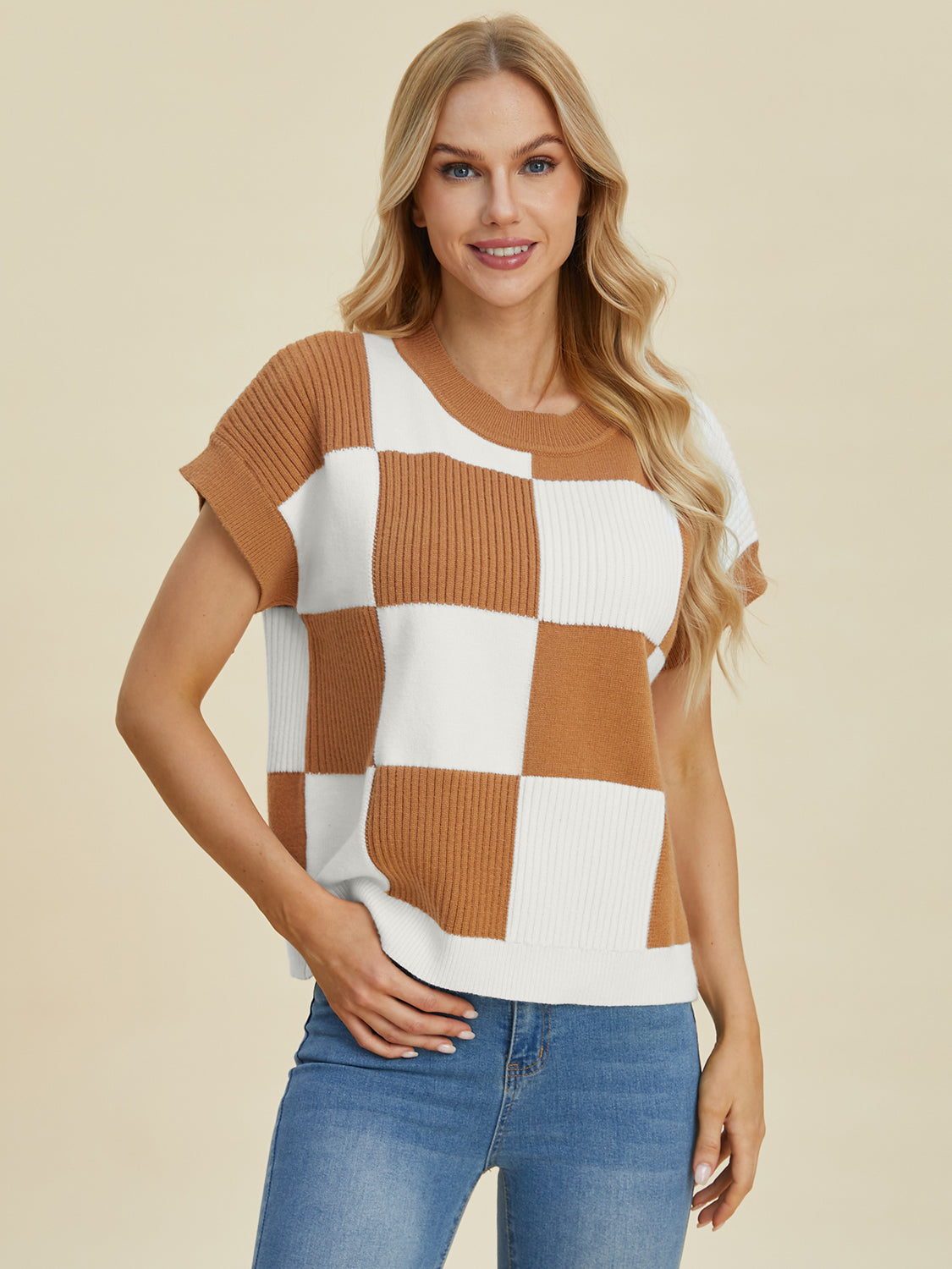 DOUBLE TAKE FULL SIZE CHECKERED ROUND NECK SHORT SLEEVE SWEATER