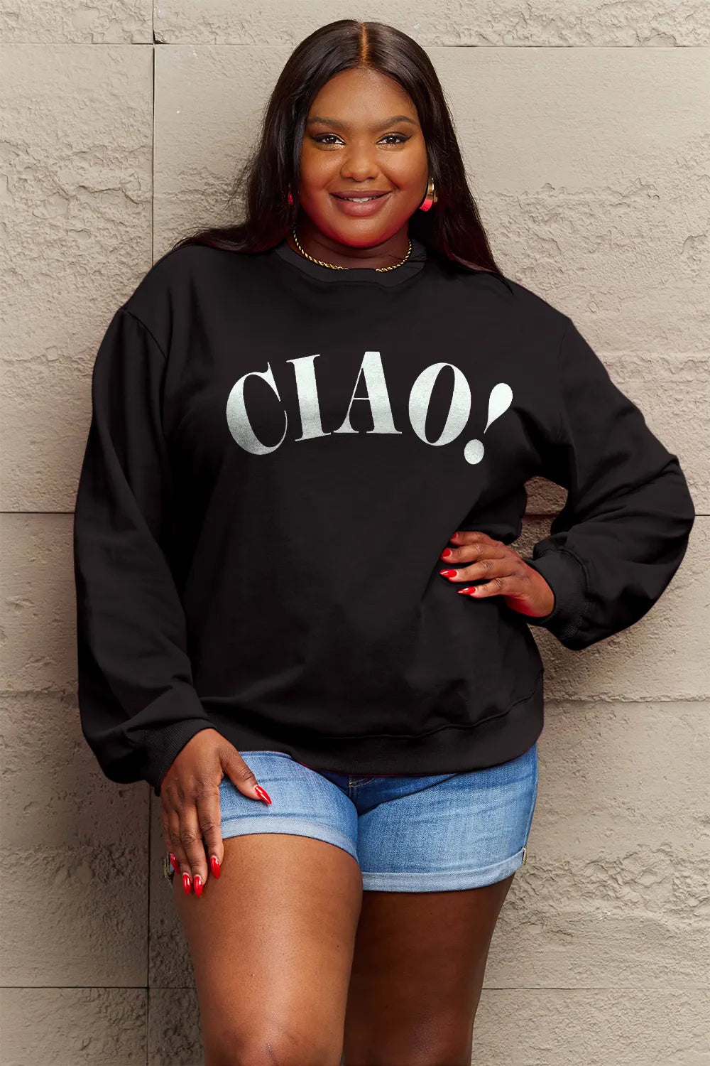 SIMPLY LOVE FULL SIZE CIAO！ROUND NECK SWEATSHIRT
