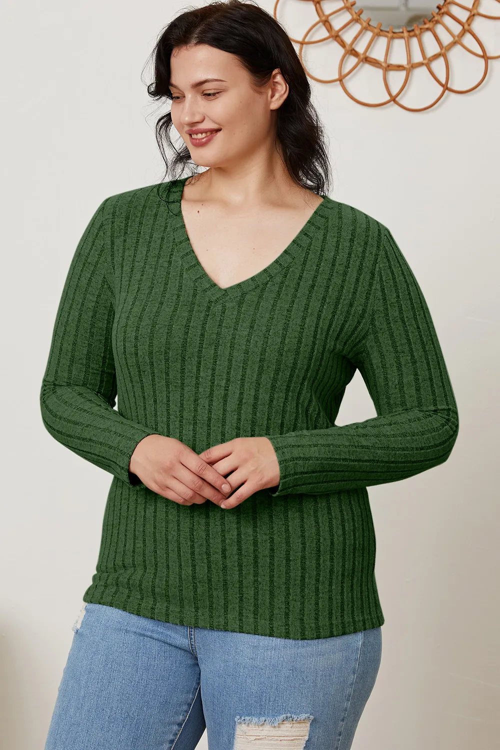 BASIC BAE FULL SIZE RIBBED V-NECK LONG SLEEVE T-SHIRT